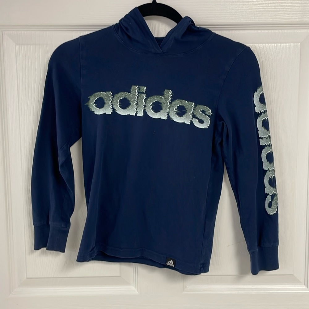 Boys Adidas Blue Long Sleeve Hooded Tee
